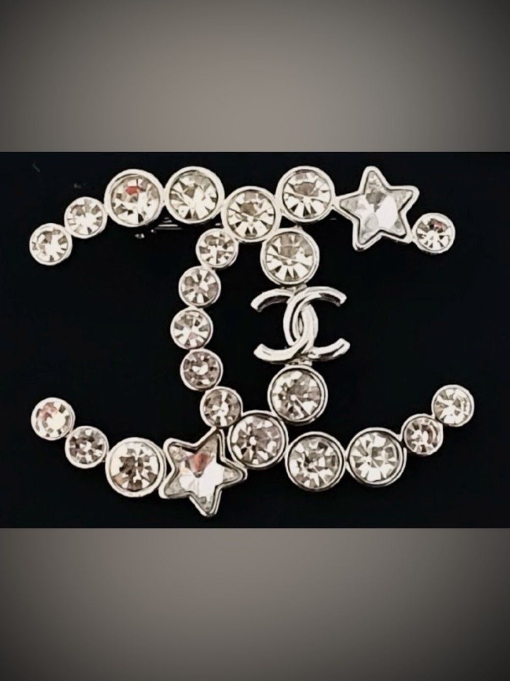 Double C Crystal Strass Logo and Star Silver-Tone Brooch